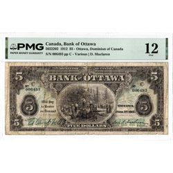 Front face view of a 1912 Bank of Ottawa 5 dollar chartered banknote, highlighting the historical design vignettes and PMG F-12 grading details.