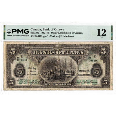 Front face view of a 1912 Bank of Ottawa 5 dollar chartered banknote, highlighting the historical design vignettes and PMG F-12 grading details.