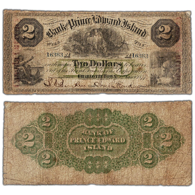 Bank of Prince Edward Island 1877 two dollar chartered note with overprint, catalog 600-12-08a, serial number 16383, stacked view showing both front and back sides.
