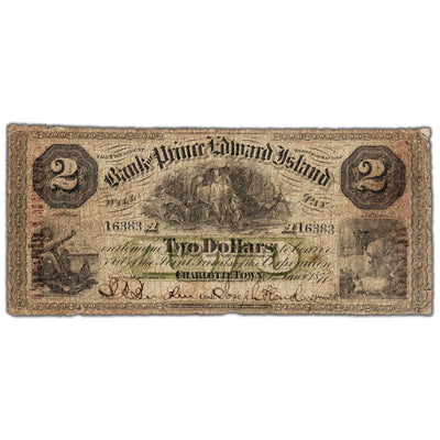 Front view of Bank of Prince Edward Island 1877 two dollar chartered banknote, featuring an overprint, issue number 600-12-08a, serial number 16383.