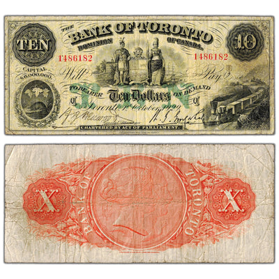 Bank of Toronto 1929 ten dollar chartered note, catalog 715-22-44, serial number 1486182, stacked view showing both front and back sides, circulated condition.