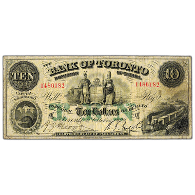 Front view of Bank of Toronto 1929 ten dollar chartered banknote, issue number 715-22-44, serial number 1486182, in circulated condition.