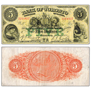 Bank of Toronto 1929 $5 Chartered Note #715-22-22 - F/VF (pinholes)