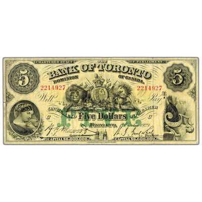 Front view of Bank of Toronto 1929 five dollar chartered banknote, issue number 715-22-22, serial number 2214927, grading F/VF with minor pinholes.