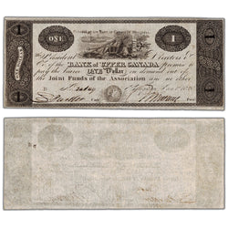 Bank of Upper Canada 1820 one dollar note with payable overprint, catalog 765-12-02a, serial number 34149, stacked view showing both front and back sides.