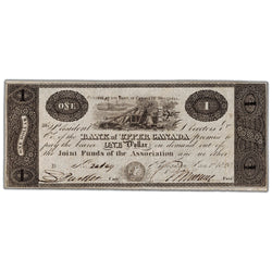 Front view of Bank of Upper Canada 1820 one dollar banknote featuring a payable overprint, issue number 765-12-02a, serial number 34149.