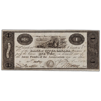 Front view of Bank of Upper Canada 1820 one dollar banknote featuring a payable overprint, issue number 765-12-02a, serial number 34149.