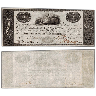 Bank of Upper Canada 1820 two dollar note with payable overprint, catalog 765-12-04a, serial number 15230, stacked view showing both front and back sides, graded Very Fine Plus condition.