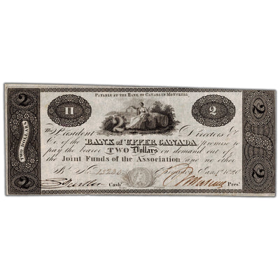 Front view of Bank of Upper Canada 1820 two dollar banknote featuring a payable overprint, issue number 765-12-04a, serial number 15230, grading VF+.