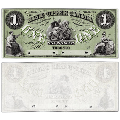 Bank of Upper Canada 1859 one dollar coloured face proof note, catalog 770-22-02-02P, inventory upcp09, stacked view showing both front and back proof sides, graded Uncirculated condition.