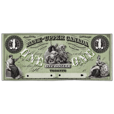 Front view of Bank of Upper Canada 1859 one dollar coloured face proof note, issue number 770-22-02-02P, inventory upcp09, grading UNC.