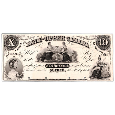 Front view of Bank of Upper Canada 1859 one dollar Quebec black and white face proof note, issue number 770-22-10-10P, inventory uucp11, showing evidence of being previously mounted.
