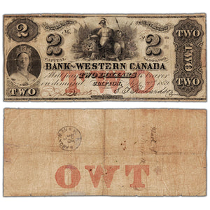 Bank of Western Canada 1859 $2 Note #795-10-08 - Small Repair