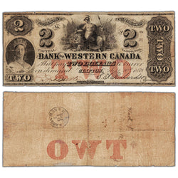 Bank of Western Canada 1859 two dollar note, catalog 795-10-08, serial number 178, stacked view showing both front and back sides, small repair condition.