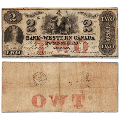 Bank of Western Canada 1859 two dollar note, catalog 795-10-08, serial number 178, stacked view showing both front and back sides, small repair condition.