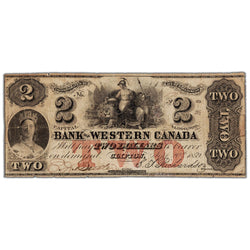 Front view of Bank of Western Canada 1859 two dollar banknote, issue number 795-10-08, serial number 178, showing a small professional repair.
