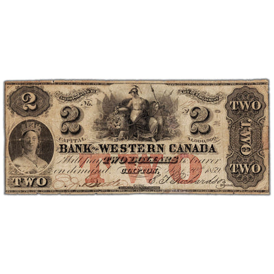 Front view of Bank of Western Canada 1859 two dollar banknote, issue number 795-10-08, serial number 178, showing a small professional repair.
