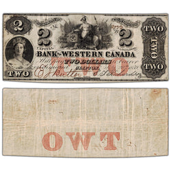 Bank of Western Canada 1859 two dollar note, catalog 795-10-08, serial number 2772, stacked view showing both front and back sides, graded Very Fine condition with pinholes.