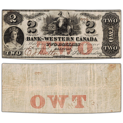 Bank of Western Canada 1859 two dollar note, catalog 795-10-08, serial number 2772, stacked view showing both front and back sides, graded Very Fine condition with pinholes.