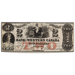 Front view of Bank of Western Canada 1859 two dollar banknote, issue number 795-10-08, serial number 2772, grading VF with minor pinholes.