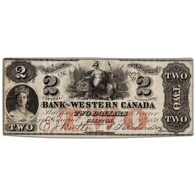 Front view of Bank of Western Canada 1859 two dollar banknote, issue number 795-10-08, serial number 2772, grading VF with minor pinholes.