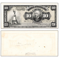 Banque D'Hochelaga 1898 ten dollar coloured face proof, inventory bh992, stacked view showing both front and back proof sides, graded Uncirculated condition.