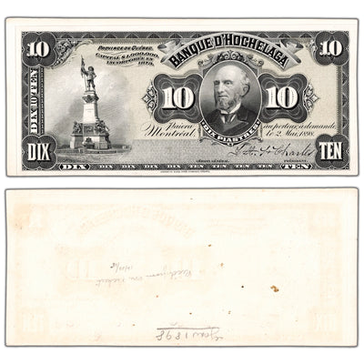 Banque D'Hochelaga 1898 ten dollar coloured face proof, inventory bh992, stacked view showing both front and back proof sides, graded Uncirculated condition.