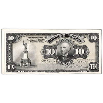 Front view of Banque D'Hochelaga 1898 ten dollar coloured face proof note, inventory bh992, grading UNC.