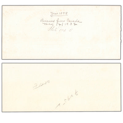 Banque D'Hochelaga 1898 five dollar coloured front and back proofs, inventory bh990, stacked view showing back proof sides, graded Uncirculated condition.