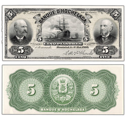 Banque D'Hochelaga 1898 five dollar coloured front and back proofs, inventory bh990, stacked view showing front proof sides, graded Uncirculated condition.