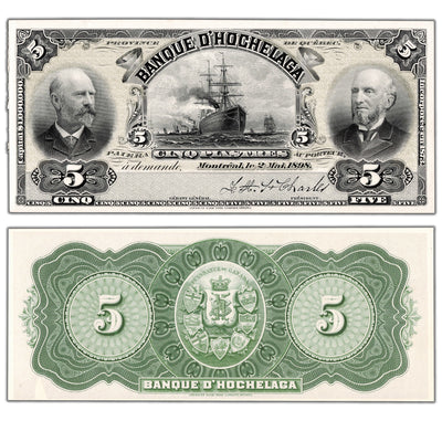 Banque D'Hochelaga 1898 five dollar coloured front and back proofs, inventory bh990, stacked view showing front proof sides, graded Uncirculated condition.