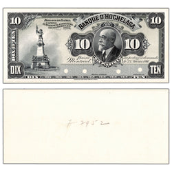 Banque D'Hochelaga 1911 ten dollar coloured face proof, inventory bh994, stacked view showing both front and back proof sides, graded Uncirculated condition.