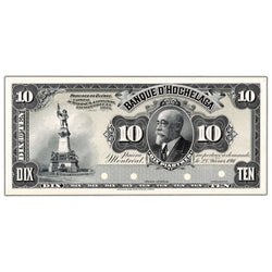 Front view of Banque D'Hochelaga 1911 ten dollar coloured face proof note, inventory bh994, grading UNC.