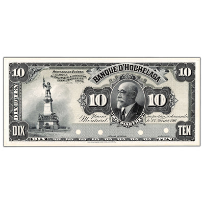 Front view of Banque D'Hochelaga 1911 ten dollar coloured face proof note, inventory bh994, grading UNC.