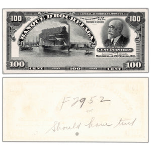 Banque D'Hochelaga 1911 $100 Black & White Front Proof - Uncirculated