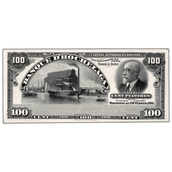 Front view of Banque D'Hochelaga 1911 one hundred dollar black and white face proof note, inventory bh996, grading UNC.