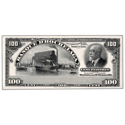 Front view of Banque D'Hochelaga 1911 one hundred dollar black and white face proof note, inventory bh996, grading UNC.