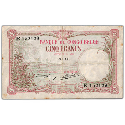 Belgian Congo 1929 5 France Note P #8e - F/VF (3/8" tear)