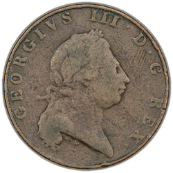 Obverse of a Bermuda 1793 1d One Penny copper coin (KM #5, SKU: SP2884), featuring the laureate head and bust of King George III facing right, surrounded by the legend GEORGIVS III · D : G · REX.
