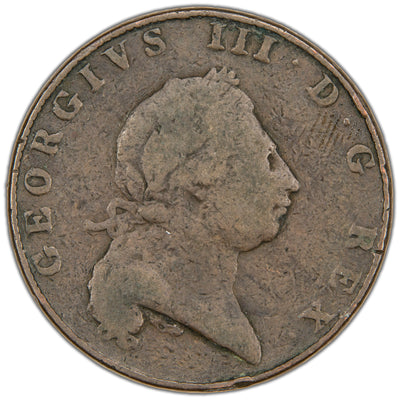 Obverse of a Bermuda 1793 1d One Penny copper coin (KM #5, SKU: SP2884), featuring the laureate head and bust of King George III facing right, surrounded by the legend GEORGIVS III · D : G · REX.