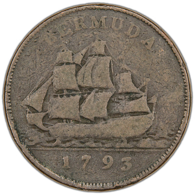 Reverse of a Bermuda 1793 1d One Penny copper coin (KM #5, SKU: SP2884), depicting a three-masted sailing ship at sea sailing left, with BERMUDA above and the date 1793 in the exergue below.