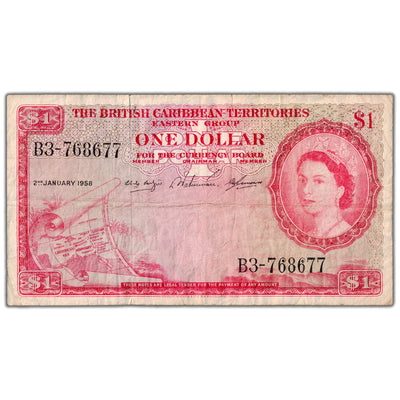 SOLD British Caribbean Territories 1958 $1 One Dollar Note P #7c - Circulated