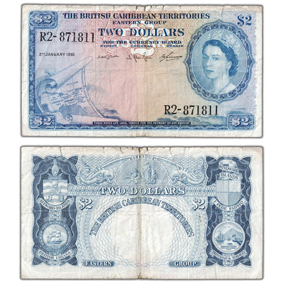 British Caribbean Territories 1961 $2 Two Dollars Note P #8c - 1" Tear/Edge Tears
