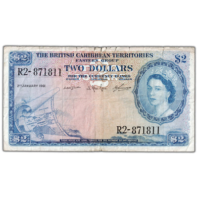 British Caribbean Territories 1961 $2 Two Dollars Note P #8c - 1" Tear/Edge Tears