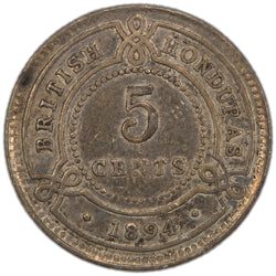 Reverse of an ungraded British Honduras 1894 5 Cents silver coin (KM# 6, Serial/SKU: SP2973), displaying the large numeral value "5" within a central beaded circle, surrounded by the country legend "BRITISH HONDURAS" above and the date "1894" below.