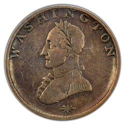 Front side of a circulating c.1820 Washington Double Head copper token graded PCGS VF-25 showing George Washington's portrait with "WASHINGTON" inscribed above.