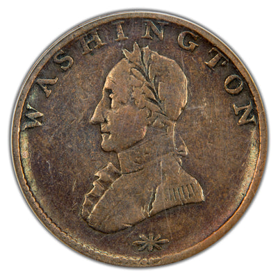 Front side of a circulating c.1820 Washington Double Head copper token graded PCGS VF-25 showing George Washington's portrait with "WASHINGTON" inscribed above.