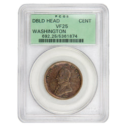 Front view of a PCGS protective slab encasing a c.1820 Washington Double Head One Cent token graded VF-25 with serial number 05361874.