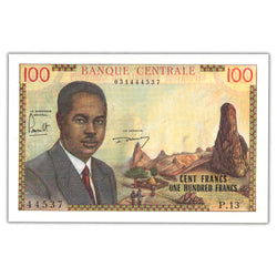 Front of an ungraded Cameroon ND (1962) 100 Francs banknote (Banque Centrale, Pick #10, Grade AU/UNC, Serial/SKU: 031444537), featuring a portrait of a young African woman, tropical floral motifs, French typography, and serial number 031444537.