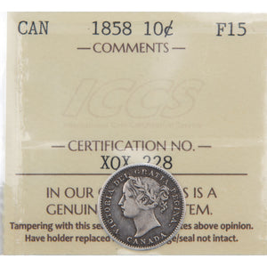 Canada 1858 10 Cents Dime Silver Coin - ICCS F-15
